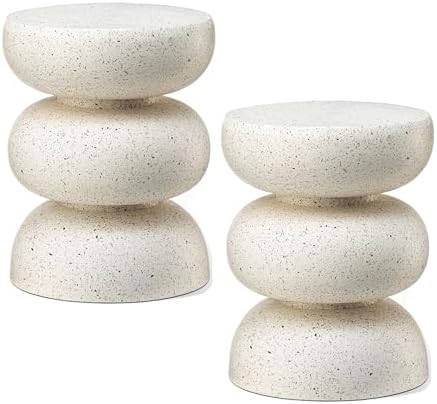 Glitzhome Outdoor Side Table Set of 2, 18" H Decorative Garden Stool MgO Faux Terrazzo End Table, Heavy Duty Indoor Outdoor Round Planter Stand for Living Room Bedroom Patio Deck Poolside,White