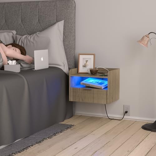 Veegle White Floating Nightstand with Charging Station and LED Lights (Grey)