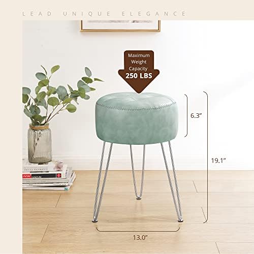 LUE BONA Small Vanity Stool Chair for Makeup Room, Mint Green Stool for Vanity, 19” Height, Tufted Faux Leather Vanity Chair Stool with Metal Legs, Modern Foot Stool Ottoman for Bedroom, Living Room