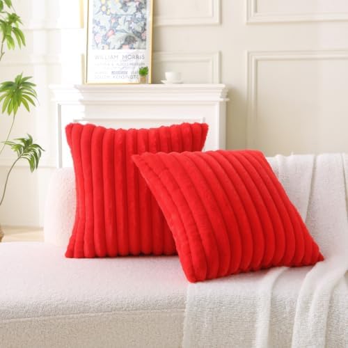 Decorative Throw Pillow with Inserts, Set of 2 Soft Faux Fur Throw Pillows, Square Boho Striped Pillow for Couch, Bed, Sofa Decor