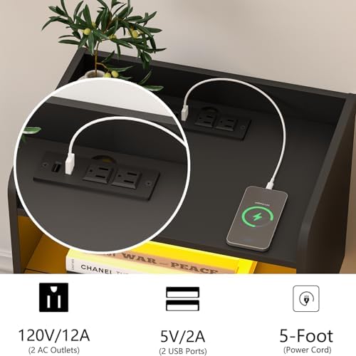 Veegle White Floating Nightstand with Charging Station and LED Lights (Black)