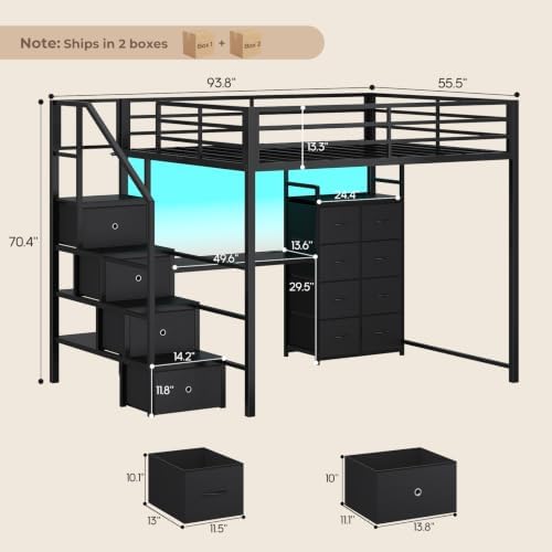Full Size Loft Bed with Desk, Storage Stairs, LED Lights, Black