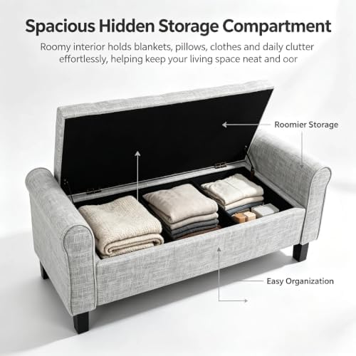 51 Inch Light Gray Linen Storage Ottoman Bench with Rolled Armrests