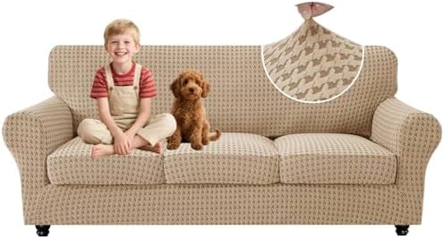 MAXIJIN 4 Pieces Stretch Couch Covers for 3 Cushion Sofa Pet Friendly Couch Cover for Dogs Washable Sofa Slipcovers Thick Soft Furniture Protector with Non Slip Strap (Khaki, 71"-91")