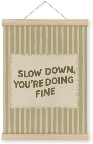MAQIKA Inspirational Poster Framed with Wood Hanger, Motivational Hanging Wall Decor, Slow Down You're Doing Fine Striped Canvas Wall Art Paints for Home Bedroom Classroom Office, 12x16 Inch