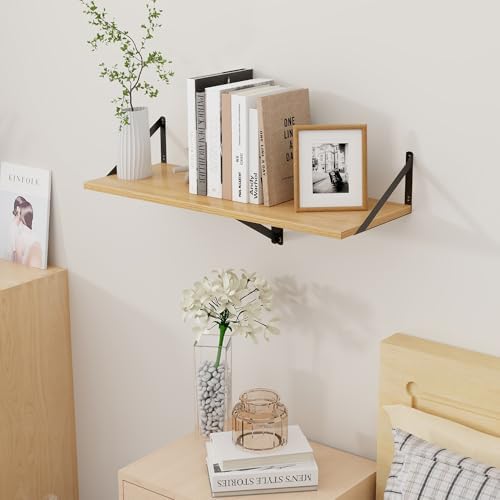 Axeman Deep Floating Shelves, 12 Inch Deep Rustic Oak Floating Wall Shelves Set of 2, 16W x 12D Large Floating Shelves Living Room Cleanning Room Laundry Room Garage - Oak with Black Brackets