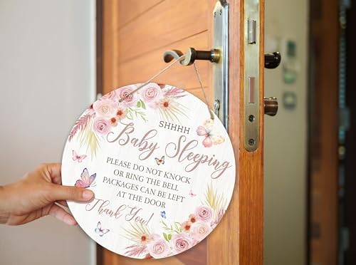 Shhh Baby Sleeping Hanging Sign, FLoral Wooden Round Door Hanger For Baby Room Front Door Nursery Kids Bedroom, Please Do Not Knock Or Ring Doorbell Sign For Outdoor Porch -04