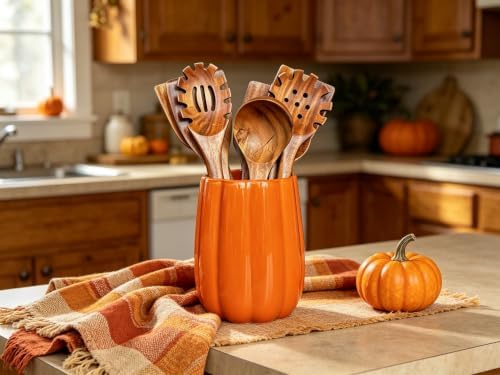 Large Ceramic Kitchen Utensil Holder for Kitchen Counter & Countertop Cooking Utensil Holder Spatula Holder Utensil Crock for Counter Fall Kitchen Deco and Accessories (Pumpkin no Pattern)