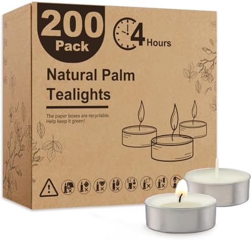 Ashlux 200-Pack Unscented Palm Wax Tea Lights Candles,4.5 Hours Burn