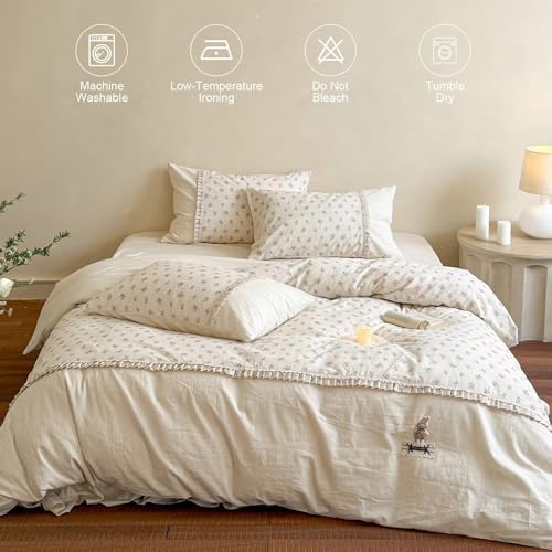 Shabby Chic Cotton Linen Duvet Cover Set 3 Pcs,68"×86" Twin Bedding