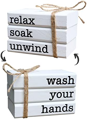 Farmhouse Mini Bookstack for Bathroom Decor Wooden Books for Restroom Shelf Decorative Accent for Guest Bathroom Sign, 2 Signs in 1 Reversible - Wash Your Hands/Relax Soak Unwind