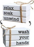 Farmhouse Mini Bookstack for Bathroom Decor Wooden Books for Restroom Shelf Decorative Accent for Guest Bathroom Sign, 2 Signs in 1 Reversible - Wash Your Hands/Relax Soak Unwind