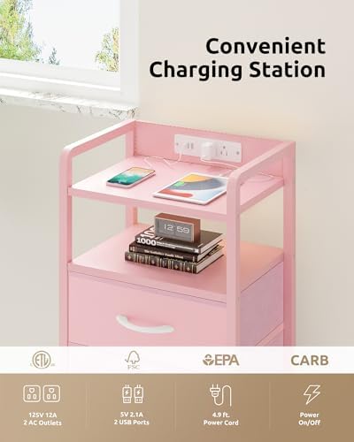 Lazzanto Nightstand with Rear Charging Station, LED Light, 4 Drawers, Pink