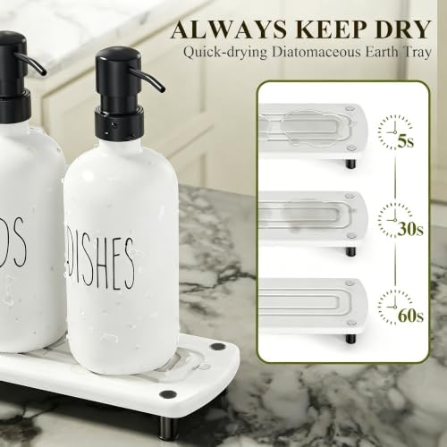 Cisily Kitchen Soap Dispenser Set Comes with Ceramics Sponge Holder, Gold Pumps, and Instant Dry Tray, Hand and Dish Soap Dispenser Set (4, Black + White + Sponge Holder)