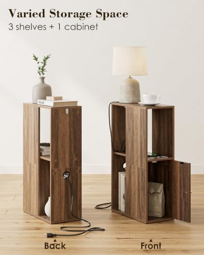 Narrow Nightstand, 7.9" Wood Nightstands with Fluted Door,Walnut