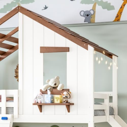 Twin Size House Bunk Bed with Convertible Slide & Ladder, Beige