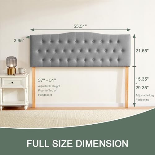 Tufted Headboard Full Size, Solid Wood Adjustable Height Head Board, Gray