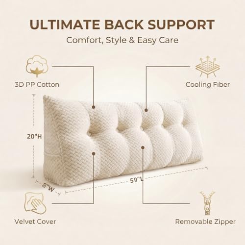 Headboard Pillow Queen Size, Reading Pillow for Bed, Wave Pattern Wedge Pillow, Tufted Backrest Support, Headboard Substitute, Beige