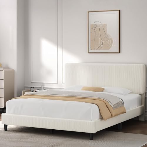 Yaheetech Full Bed Frame, Adjustable Chenille Upholstered Headboard, Beige