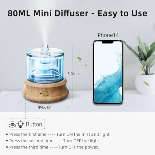 Lecdura Glass Essential Oil Diffuser, 80ML Small Glass Reservoir Natural Wood Base Ultrasonic Cool Mist Aroma Diffusers with USB-Cord Auto-Off 7 Color Light for Home Office Bedroom