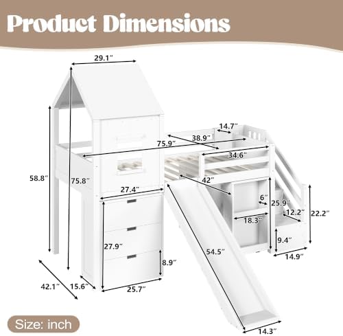 Twin Size Playhouse Low Loft Bed with Slide Storage Drawers Stair Shelves Pull Out Desk (White, Twin)