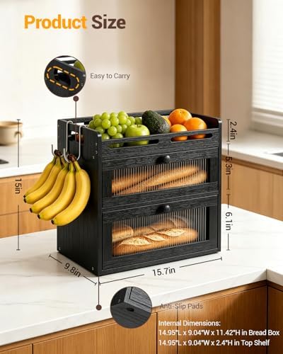 Bread Box for Kitchen Countertop, 2-Tier Bamboo Storage with Raised Shelf