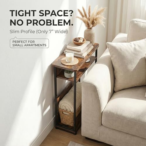 YEAKOO Narrow Side Table,3-Tier End Table with Storage Shelf,Modern Sofa Table Thin Side Table for Narrow and Small Spaces, Skinny Bedside Table Small Nightstand with Magazine Rack Space Saving/Brown