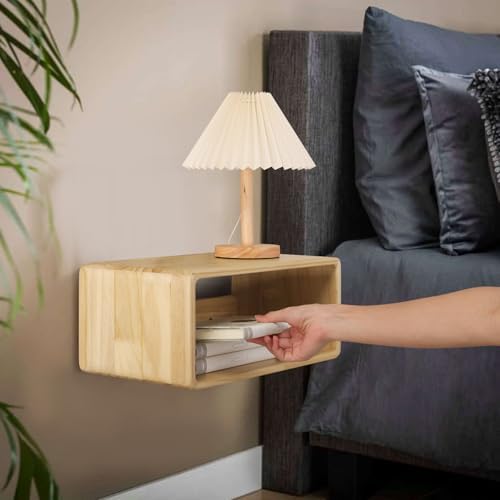 Floating Nightstand, Wall Mounted Bedside Table Wood Bedside Shelf Floating Shelves for Bedroom Bathroom Kitchen Office 18”x 10”x 7.5” Natural