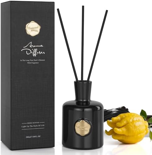 XEPTLE Reed Diffuser Set, 7.04 oz Oud & Bergamot Scent Diffuser with 5 Sticks, Long Lasting Air Freshener, Essential Oil Reed Diffuser for Home, Home Fragrance for Office, Bathroom Shelf Decor, Black