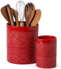 FUN ELEMENTS Kitchen Utensil Holder, 7.2+5.5" Super Large Utensil Crock Heavy and Stable Lace Emboss Ceramic Utensil Holder for Kitchen Counter (2Pcs Christmas Red)