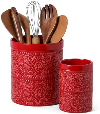 FUN ELEMENTS Kitchen Utensil Holder, 7.2+5.5" Super Large Utensil Crock Heavy and Stable Lace Emboss Ceramic Utensil Holder for Kitchen Counter (2Pcs Christmas Red)