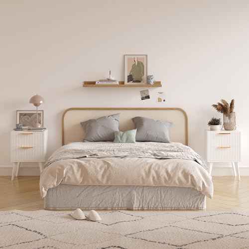 YAUKOMEL Fluted Nightstand with 2 Drawers,Modern Bedside Table White