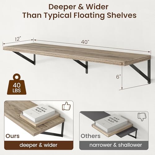 Axeman Deep Floating Shelves - 40 Inch Floating Shelves Set of 2-12 Inch Deep Grey Wood Wall Shelves for Living Room Bathroom Kitchen