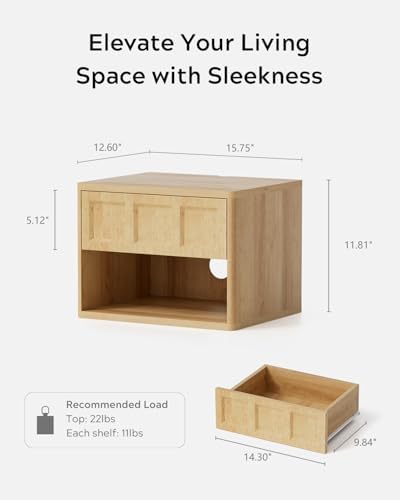 EYYTHUNG Floating Nightstand Set of 2, Wall Mounted Bedside Table with Storage Drawer and Open Shelf, Night Stand with Curved Corners for Living Room, Bedroom, Dorm, Natural Oak