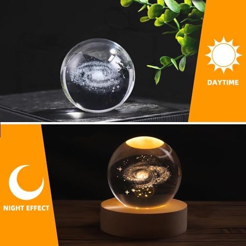Glowing Crystal Ball 3D Inner Carved Small Light with Wood Base, Decorative Creative Gift Luminous Crystal Ball for Christmas Classmates and Kids Birthday (CuriousCat)