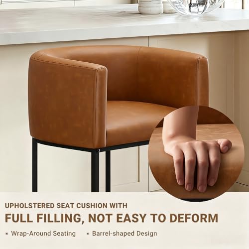 26" H Counter Height Bar Stools Set of 4, Modern Barrel Counter Stools with Backrest and Arms, Faux Leather Upholstered Accent Barstools for Kitchen Island,Support 450 LBS (Walnut Brown