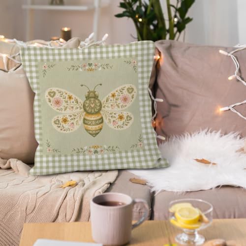 Farmhouse Green Gingham Bee Floral Nursery Throw Pillow Cover 18x18