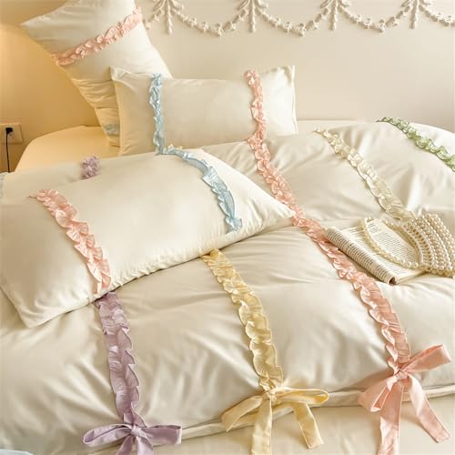 Colorful Striped Ruffled Bedding with Cute Bow,Chic Ruffle Romantic Queen Duvet, Coquette Aesthetic Style 3 piece Duvet Cover Set-1Queen Duvet Cover with 2 Pillowcases, No Comforter