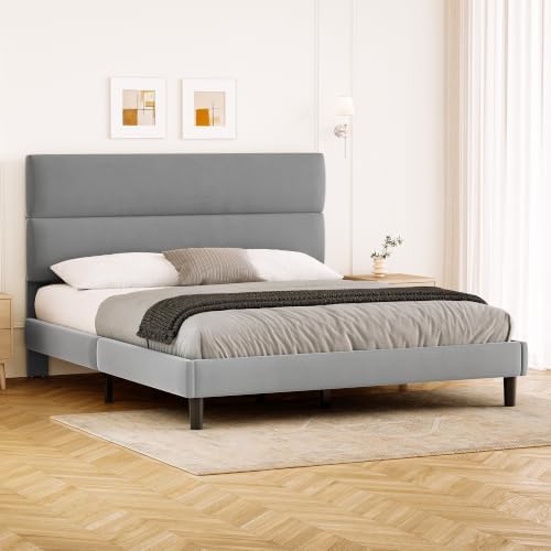 GRUSIGN Platform Bed Frame with Velvet Headboard, Adjustable Height Wooden Slats Support, Upholstered Mattress Foundation, Fits Mattress or Mattress with Box Spring, Easy Assembly, Grey, Queen