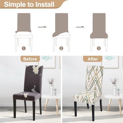 SearchI Dining Room Chair Covers Set of 6, Stretch Printed Kitchen Chair Slipcovers Removable Washable Parsons Chair Covers Protector for Dining Room, Hotel, Ceremony (Beige-Green Stripe)