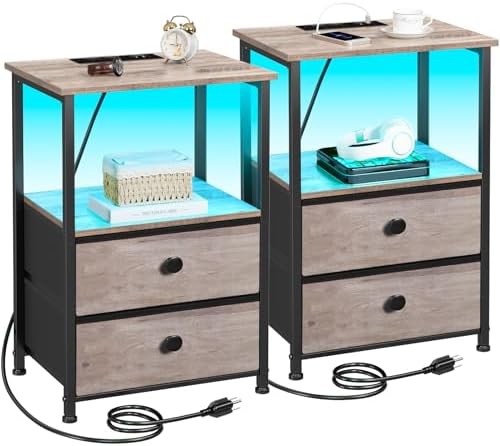 LOAKEKEL Nightstands Set of 2, LED Night Stand with Charging Station
