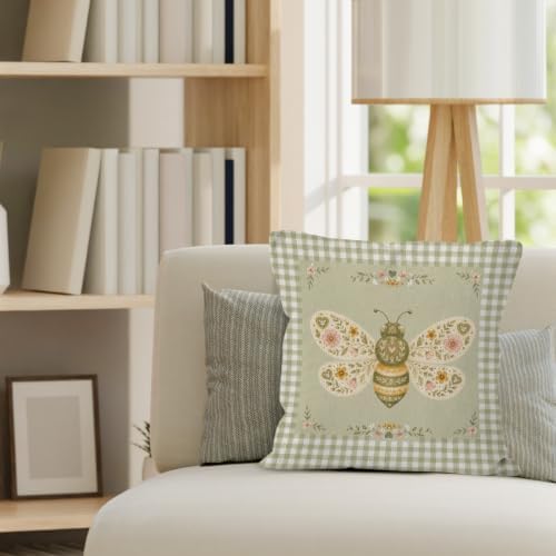 Farmhouse Green Gingham Bee Floral Nursery Throw Pillow Cover 18x18