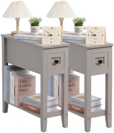 Grey 2 Pack Chairside Narrow End Table with Drawer, Solid Recliner Side Table with Storage Shelf, Slim Nightstand Bedside Table for Bedroom