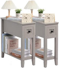 Grey 2 Pack Chairside Narrow End Table with Drawer, Solid Recliner Side Table with Storage Shelf, Slim Nightstand Bedside Table for Bedroom