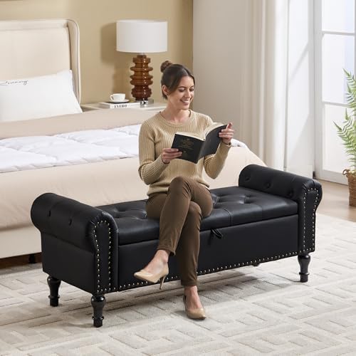 Storage Bench for Bedroom, 51" Upholstered End of Bed Bench, Faux Leather Queen Size Benches with Rolled Arms, Tufted Button Storage Long Ottoman, Living Room, Entryway, Obsidian Black
