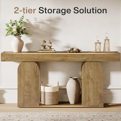 Tribesigns 70.9-Inch Extra Long Sofa Table, Farmhouse Console Tables with Wood Frame and Storage Shelf, 2-Tier Wood Table Behind Couch for Living Room, Hallway, Foyer, Light Brown