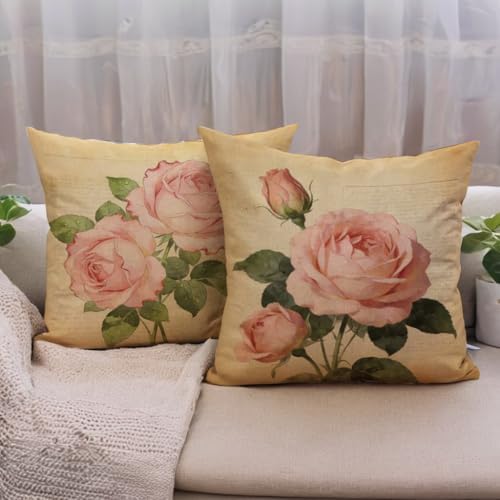 7COLORROOM Decorative Romantic Rose Flower Pillow Cover Vintage Shabby Chic Peach Pink Rose Floral Cushion Cover Square Cotton Linen Pillowcase for Sofa Bedroom Car 20x20 Inch Set of 2