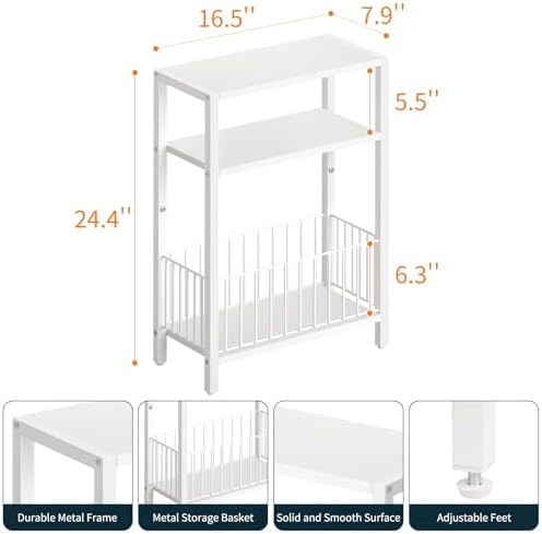 Narrow Side Table with Storage Basket Small End Table for Small Space,White