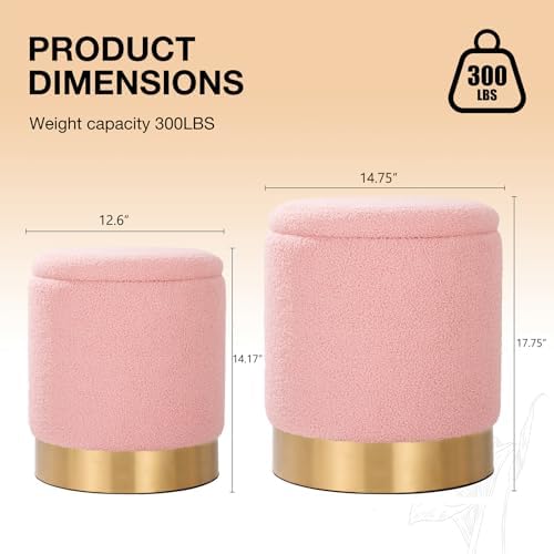 Round Ottoman with Storage Set of 2 Pink Sherpa Vanity Stool