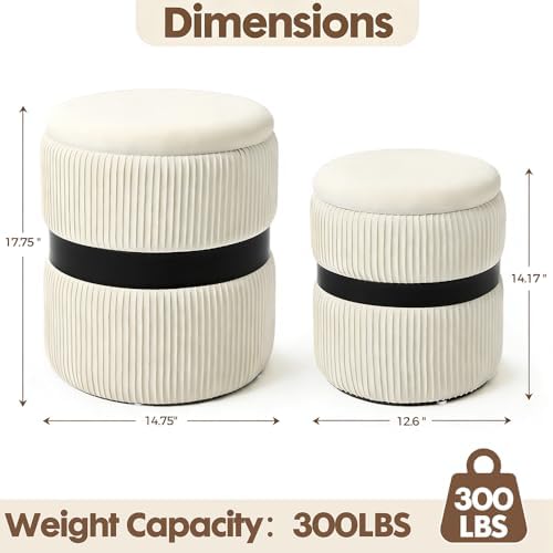 Set of 2 Storage Ottoman, Round Velvet Vanity Stool with Tray, White